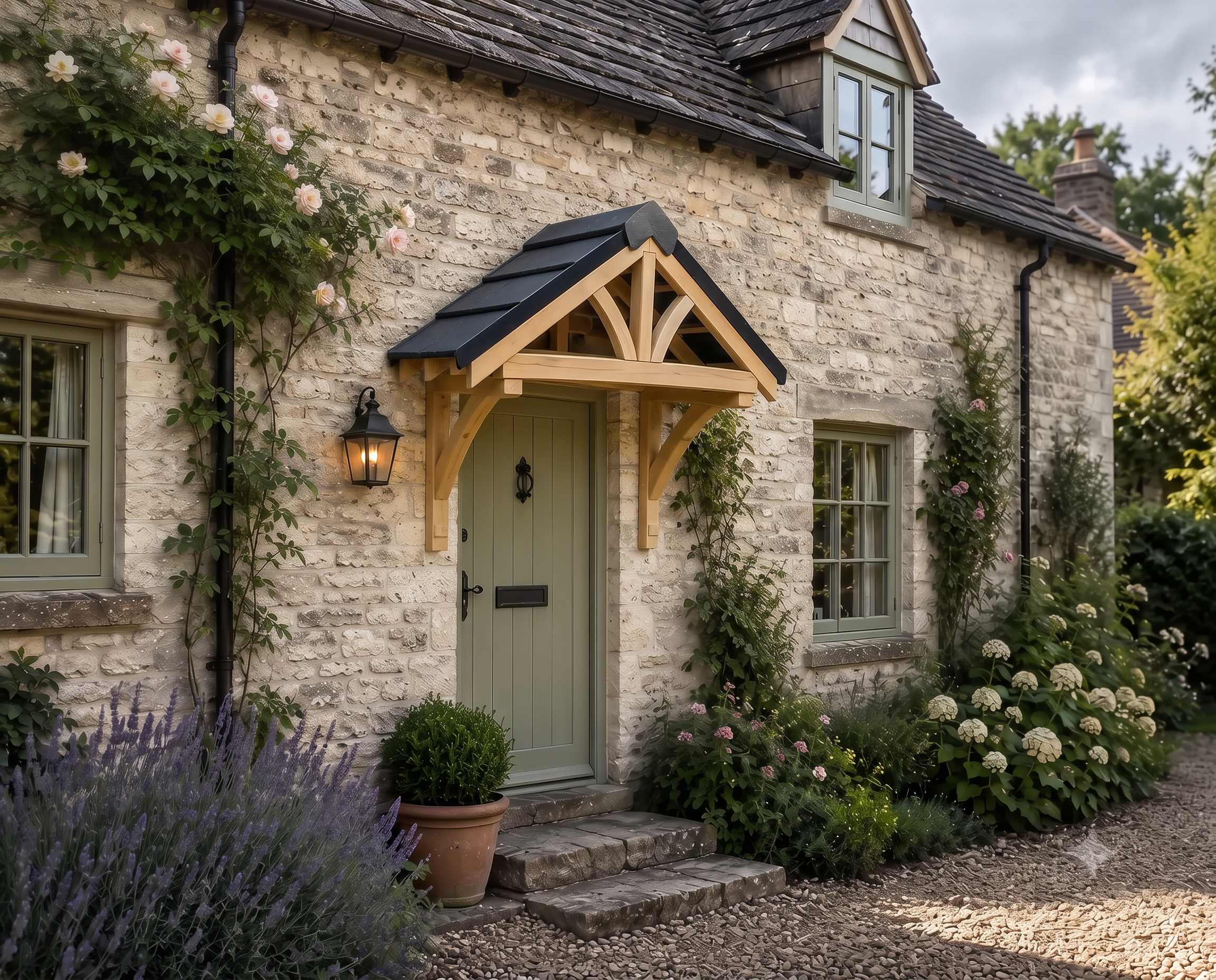 Oak pitched door canopy above a sage green cottage door